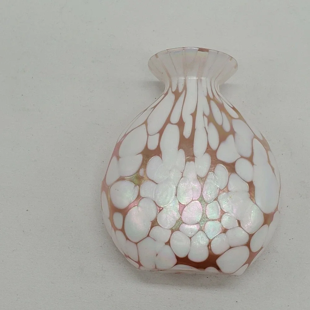 Silvestri Mouth Blown Glass Iridescent Deco Pink/White Vase VINTAGE‎